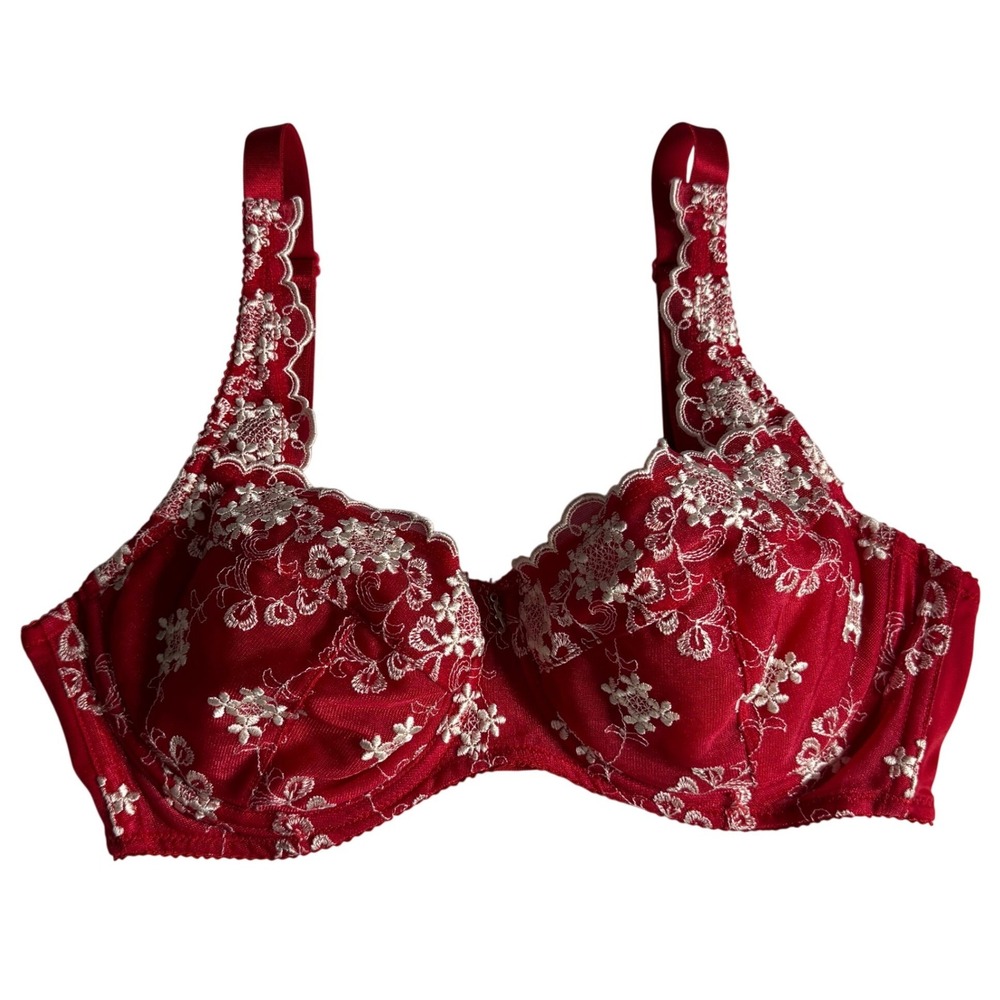 Vintage Fredericks of Hollywood Red White Floral Embroidered Underwire Bra 36D